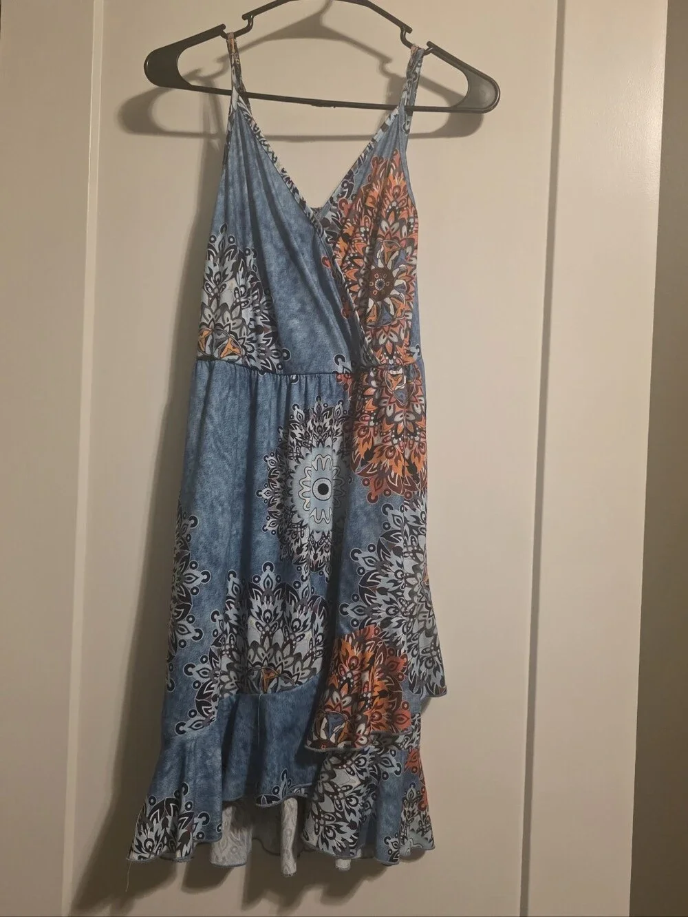 Blue Floral Wrap Sundress with Orange Accents